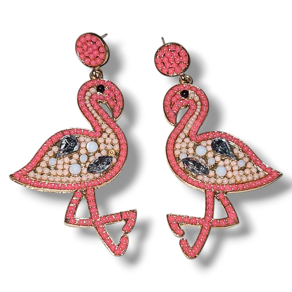 Pink Flamingo Beaded Dangle Statement Earrings